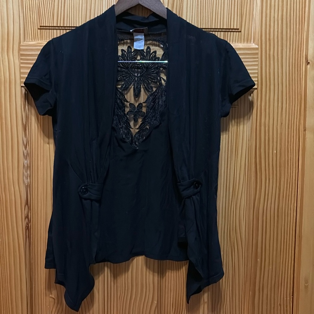 Ever Blue, small(?), black, lace, short sleeve cardigan.